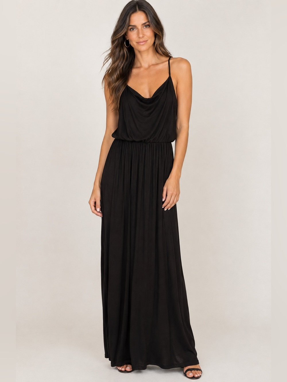 Papaya Black Cowl-Neck Maxi Dress with Thin Straps